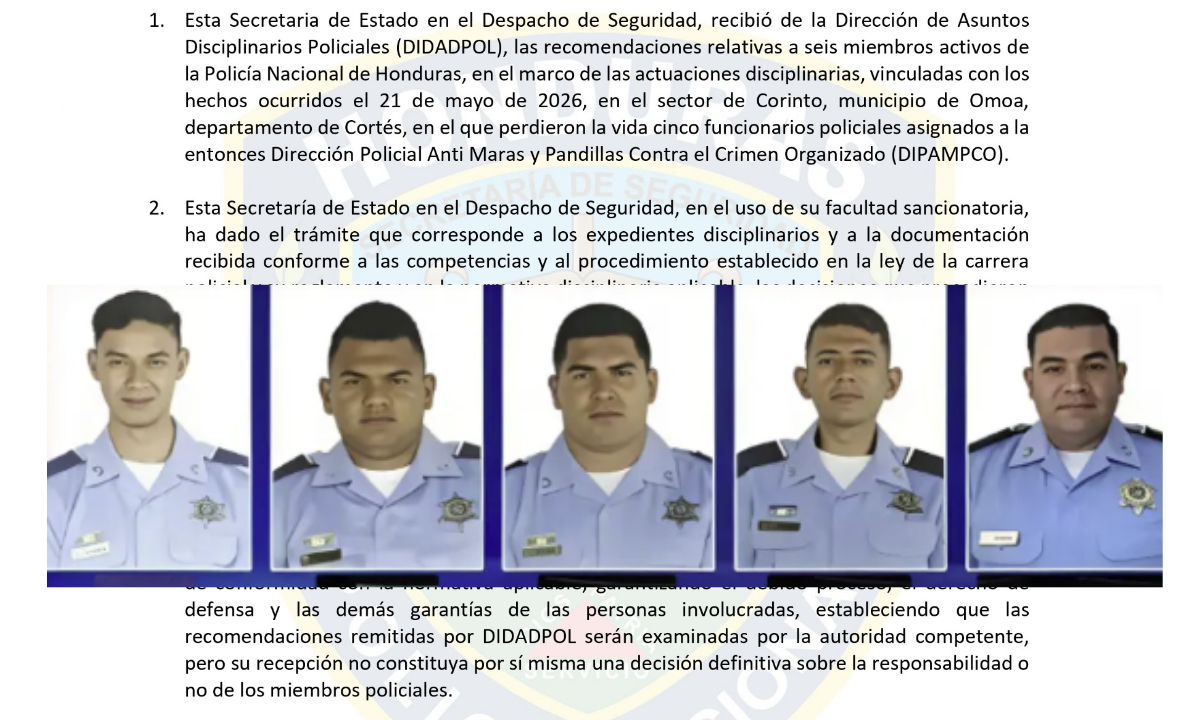 La Secretaría de Seguridad informa sobre progresos en expedientes de seis policías tras la muerte de cinco agentes en Omoa